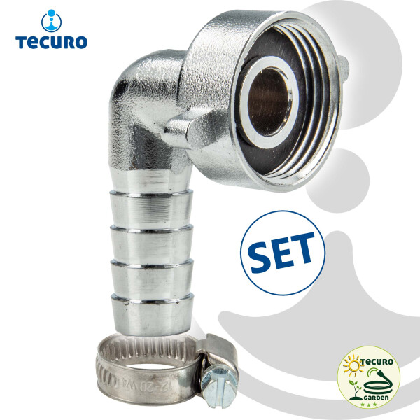 tecuro Schlauchverschraubung mit 3/4 Zoll ÜWM x 90° Tülle Ø 14,5 mm, inkl. Schelle W4 12-20 mm