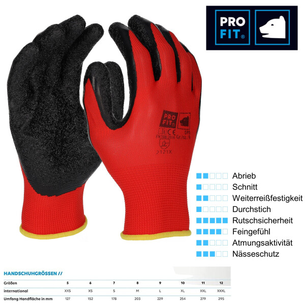 PRO FIT Latex-Feinstrickhandschuh SUPER – Größe 8 - 1 Paar, Arbeitshandschuhe atmungsaktiv, Rot/Schwarz, mit gerauter Beschichtung