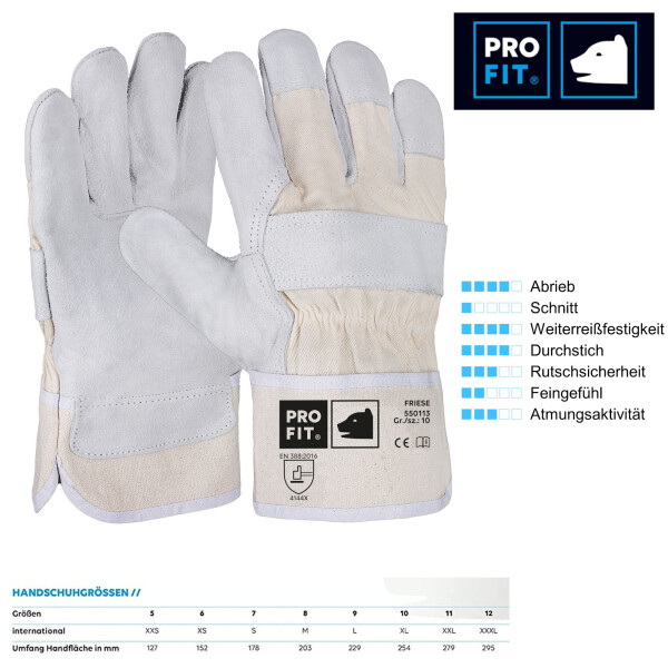 PRO FIT Rindspaltleder Arbeitshandschuh FRIESE, Größe 12 (XXXL) - 1 Paar, natur, Canvas-Stulpe, weich & flexibel