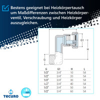 tecuro Heizkörper S-Anschluss - 20 mm Höhenausgleich 1/2 AG x 3/4 ÜWM, Messing vernickelt