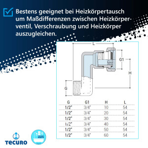 tecuro Heizkörper S-Anschluss - 30 mm Höhenausgleich 1/2 AG x 3/4 ÜWM, Messing vernickelt
