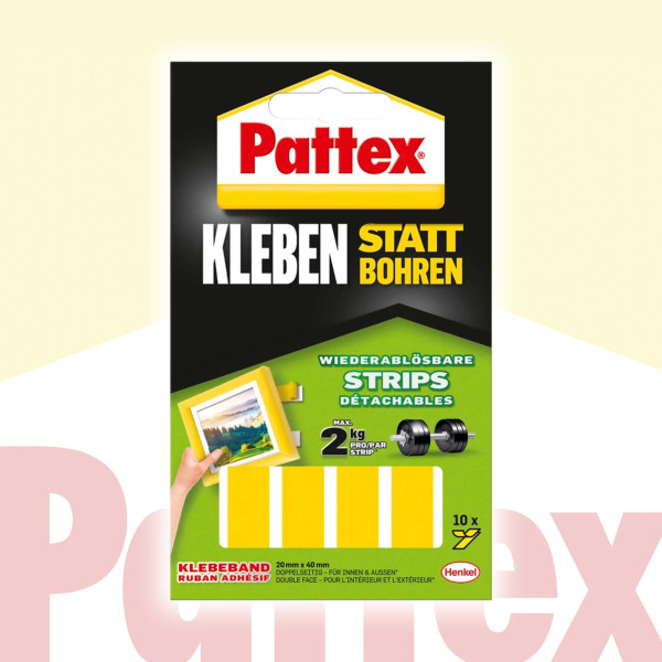 PATTEX Klebe Strips 10 Stück Wiederablösbare Strips Doppelseitig klebend, KLEBEN STATT BOHREN