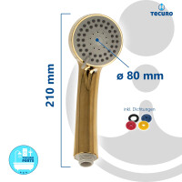tecuro Antikalk - Handbrause ew-080 gold - mit 3-Funktionen und Metallschlauch 200 cm - vergoldet