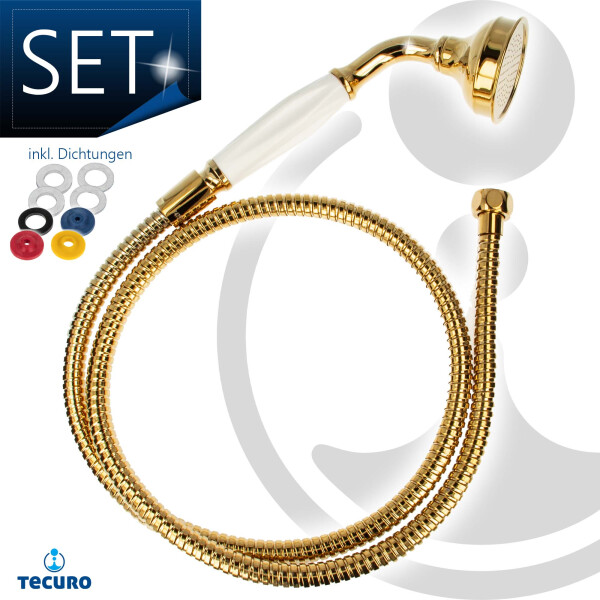 tecuro Nostalgie - Handbrause Ø 65 mm, 1-strahlig, mit 150 cm Metallbrauseschlauch vergoldet