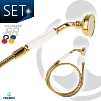 tecuro Nostalgie - Handbrause Ø 65 mm, 1-strahlig, mit 150 cm Metallbrauseschlauch vergoldet