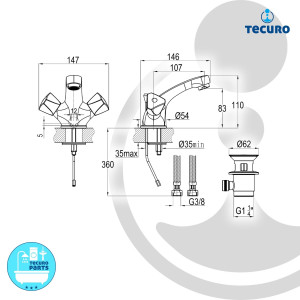 tecuro Zweigriff Waschtischarmatur - Ausladung 107 mm, mit Strahlregler