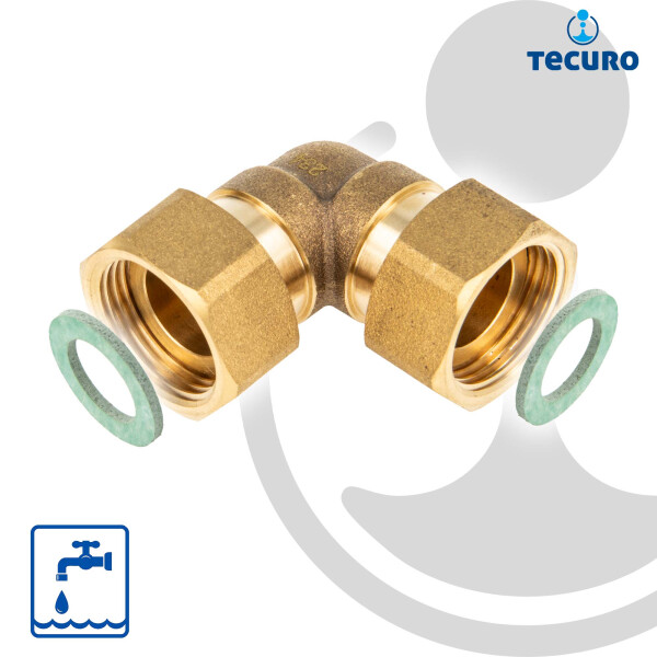 tecuro Winkel 90°, beidseitig Überwurfmutter 3/4 Zoll (flachdichtend) - MS-blank CW617N