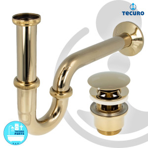 tecuro Siphon extra lang mit Pop Up Ablaufventil vergoldet - Universal Set für Waschtisch / Waschbecken