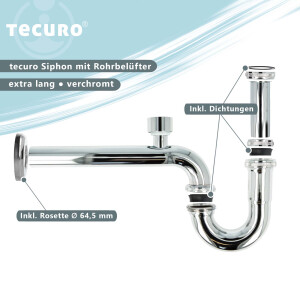 tecuro Röhrengeruchsverschluss Siphon mit Rohrbelüfter für Waschbecken, extra lang - Messing verchromt