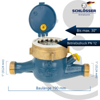 Hauswasserzähler Baulänge 190 mm, inkl Einbaugarnitur 1 Zoll, verstellbare Ausführung, Edelstahl