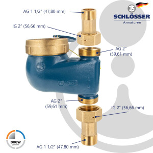 Steigrohr Hauswasserzähler Baulänge 150 mm, inkl. Verschraubungen 2 Zoll x 1 1/2 Zoll AG, Messing