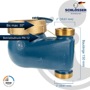 Steigrohr Hauswasserzähler Baulänge 150 mm, inkl. Verschraubungen 2 Zoll x 1 1/2 Zoll AG, Messing
