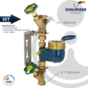 Steigrohr Hauswasserzähler Kombi-Set, Baulänge 105 mm, inkl. Einbaugarnitur 1 Zoll verstellbare Ausführung, Edelstahl