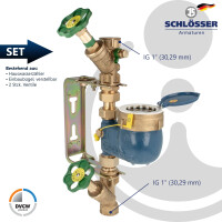 Steigrohr Hauswasserzähler Kombi-Set, Baulänge 150 mm, inkl. Einbaugarnitur 1 Zoll, verstellbare Ausführung, verzinkt