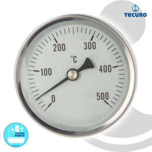 tecuro Ø 80 mm Bi-Metall Rauchgas - Thermometer 0 - 500°C mit Sonde 100 mm und Klemmkonus