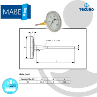 tecuro Ø 80 mm Bi-Metall Rauchgas - Thermometer 0 - 500°C mit Sonde 100 mm und Klemmkonus