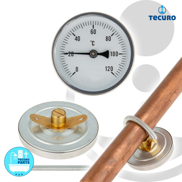 tecuro Bi-Metall Ø 63 mm Anlegethermometer 0 - 120°C Metallausführung mit Klemmfeder