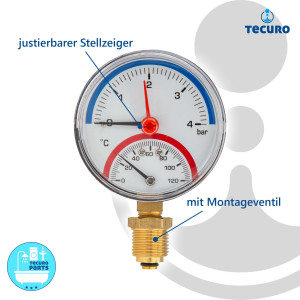 tecuro Ø 80 mm Bi-Metall Thermometer 0 - 120°C und Manometer 0-4 bar, 1/2 Zoll, mit Montageventil
