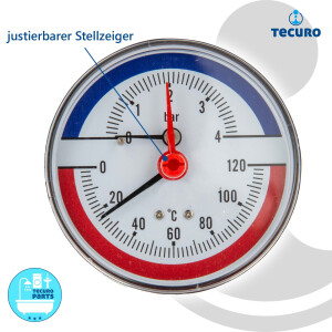 tecuro Ø 80 mm Bi-Metall Thermometer 0 - 120°C und Manometer 0-4 bar, 1/2 Zoll, mit Montageventil