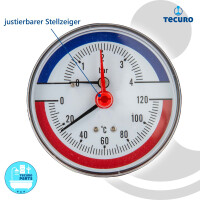 tecuro Ø 80 mm Bi-Metall Thermometer 0 - 120°C und Manometer 0-4 bar, 1/2 Zoll, mit Montageventil
