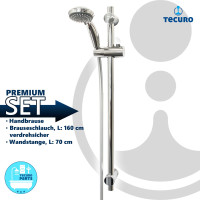tecuro Brauseset Komfort-70 - mit 3 Funktionen Handbrause, Brauseschlauch 160 cm, Wandstange in 3 Längen