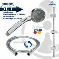 tecuro Brauseset Komfort-70 - mit 3 Funktionen Handbrause, Brauseschlauch 160 cm, Wandstange 115 cm