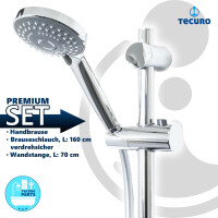tecuro Brauseset Komfort-100 - mit 3 Funktionen Handbrause, Brauseschlauch 160 cm, Wandstange in 3 Längen