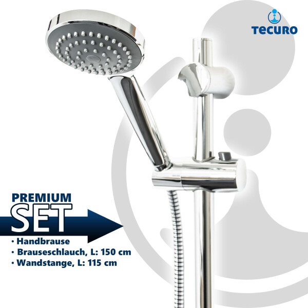 tecuro Brauseset Komfort-100 - mit Handbrause 1-strahlig, Brauseschlauch 150 cm, Wandstange 115 cm