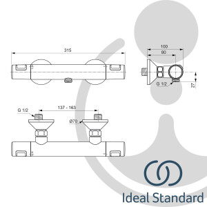Ideal Standard Ceratherm T25 Brausethermostat Duscharmatur - Aufputz - A7201AA chrom
