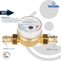 Einstrahlzähler ETK Kombi-Set (Kaltwasser) bis 30 Grad Länge 80 mm, inkl. Verschraubungen mit Pressanschluss 12 mm