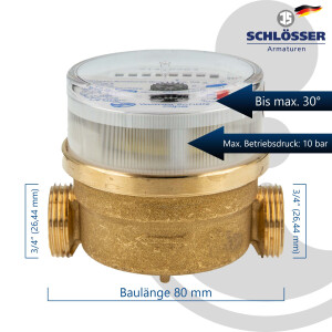 Einstrahlzähler ETK Kombi-Set (Kaltwasser) bis 30 Grad Länge 80 mm, inkl. Verschraubungen mit Pressanschluss 15 mm