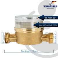Einstrahlzähler ETK Kombi-Set (Kaltwasser) bis 30 Grad Länge 110 mm, inkl. Bügel Edelstahl, Kugelhähne 1/2 Zoll