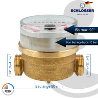 Einstrahlzähler ETK Kombi-Set (Warmwasser) bis 90 Grad Länge 80 mm, inkl. Verschraubungen mit Pressanschluss 12 mm