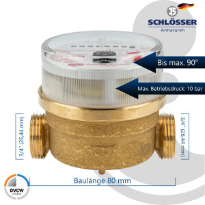 Einstrahlzähler ETK Kombi-Set (Warmwasser) bis 90 Grad Länge 80 mm, inkl. Verschraubungen mit Pressanschluss 15 mm