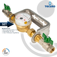 Einstrahlzähler ETK Kombi-Set (Warmwasser) bis 90 Grad Länge 110 mm, inkl. Bügel Edelstahl, Kugelhähne 1/2 Zoll