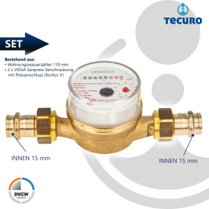 Einstrahlzähler ETK Kombi-Set (Warmwasser) bis 90 Grad Länge 110 mm, inkl. Verschraubungen mit Pressanschluss 15 mm