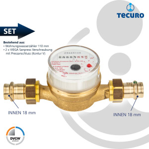 Einstrahlzähler ETK Kombi-Set (Warmwasser) bis 90 Grad Länge 110 mm, inkl. Verschraubungen mit Pressanschluss 18 mm