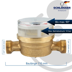 Einstrahlzähler ETK Kombi-Set (Warmwasser) bis 90 Grad Länge 110 mm, inkl. Verschraubungen mit Pressanschluss 18 mm