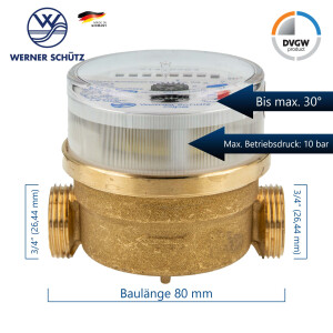Waschtischzähler Einstrahlzähler ETK (Kaltwasser) bis 30 Grad, Länge 80 mm, 3/4 Zoll AG, inkl. Verschraubungen