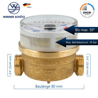 Waschtischzähler Einstrahlzähler ETK (Kaltwasser) bis 30 Grad, Länge 80 mm, 3/4 Zoll AG, inkl. Verschraubungen