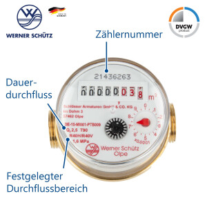 Waschtischzähler Einstrahlzähler ETW (Warmwasser) bis 90 Grad, Länge 80 mm, 3/4 Zoll AG, inkl. Verschraubungen