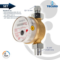Waschtischzähler Einstrahlzähler ETW (Warmwasser) bis 90 Grad, Länge 80 mm, 3/4 Zoll AG, inkl. Verschraubungen