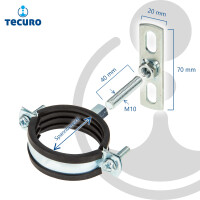 tecuro Schraubrohrschelle M8/M10 verzinkt mit Schallschutzeinlage, Kombi-Set inkl. Gewindestift M8/M10 x 40 mm und Befestigungsplatte