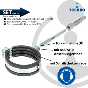 tecuro 10-er Kombi-Set Einhand Schraubrohrschelle 26-30 mm, inkl. Stockschraube M8 x 120 mm und Hohlraumdübel, mit Schallschutzeinlage