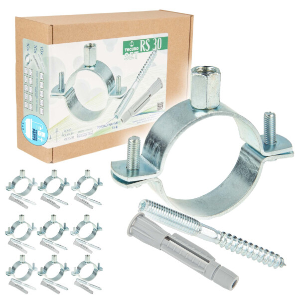 tecuro 10-er Kombi-Set Schraubrohrschelle M8/M10 verzinkt 56-58 mm, inkl. Stockschraube M8 x 80 mm und Hohlraumdübel