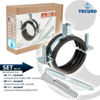 tecuro 10-er Kombi-Set Schraubrohrschelle 32-35 mm, inkl. Stockschraube M8 x 100 mm und Hohlraumdübel, mit Schallschutzeinlage