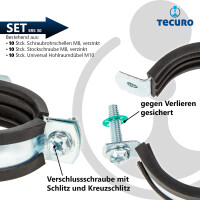 tecuro 10-er Kombi-Set Schraubrohrschelle 32-35 mm, inkl. Stockschraube M8 x 100 mm und Hohlraumdübel, mit Schallschutzeinlage
