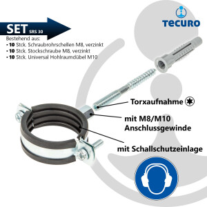 tecuro 10-er Kombi-Set Schraubrohrschelle 50-55 mm, inkl. Stockschraube M8 x 80 mm und Hohlraumdübel, mit Schallschutzeinlage