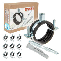 tecuro 10-er Kombi-Set Schraubrohrschelle 50-55 mm, inkl. Stockschraube M8 x 80 mm und Hohlraumdübel, mit Schallschutzeinlage
