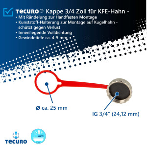 3 Stück tecuro Kappe 3/4 Zoll für KFE-Hahn - mit Dichtung - Messing, vernickelt